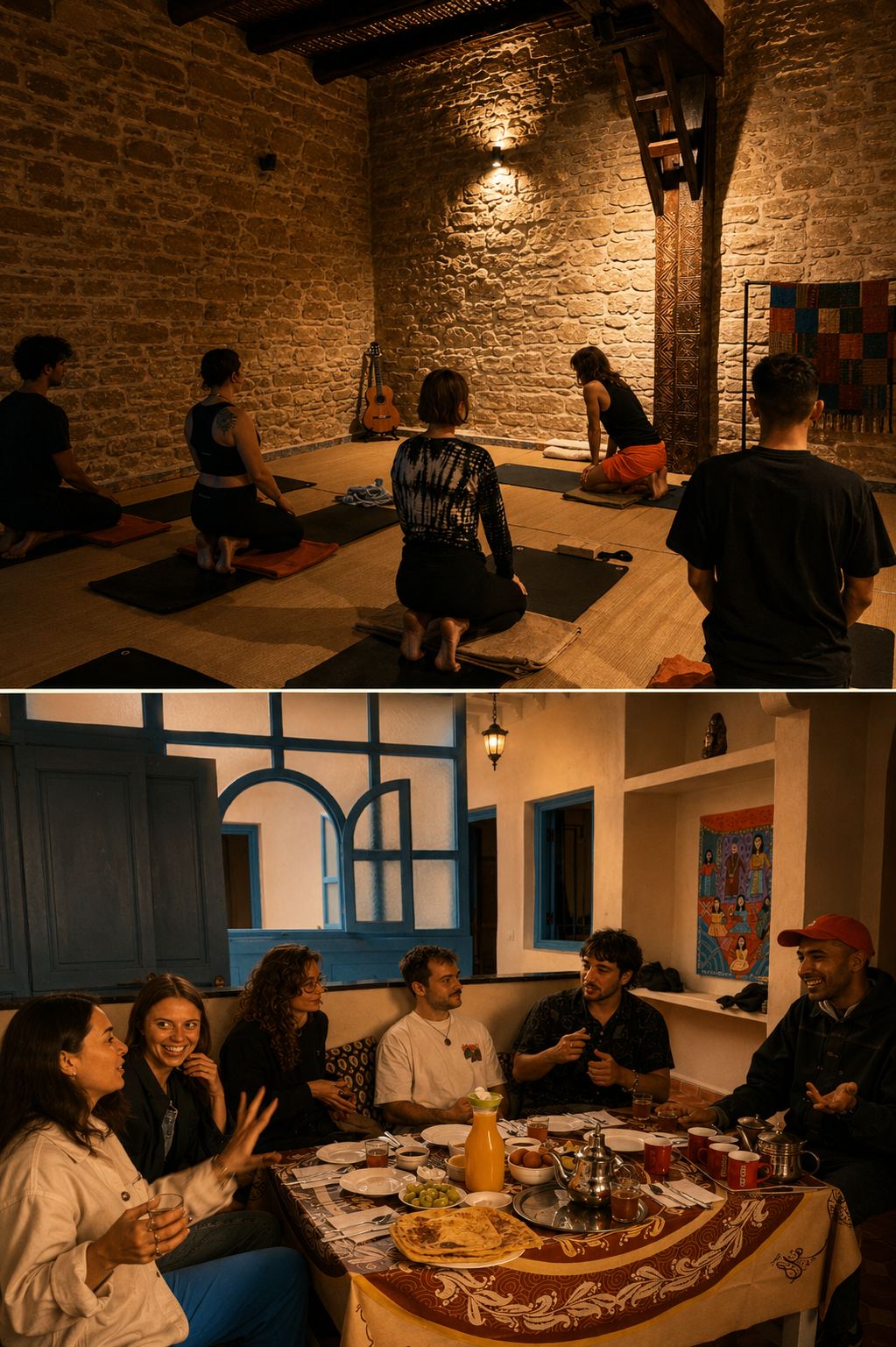 Casa Colectiva yoga and shared meal moments.