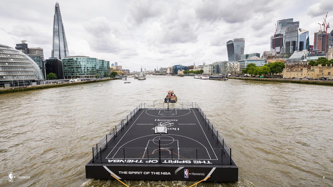 Floating basketball court on the River Thames.
